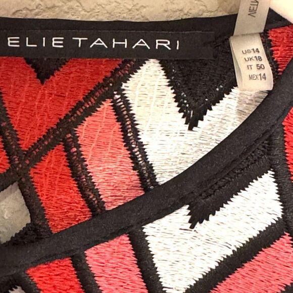 Elie Tahari Shift Dress Womens 14 Red Black White Sleeveless Chevron Scallop Hem - Picture 3 of 8